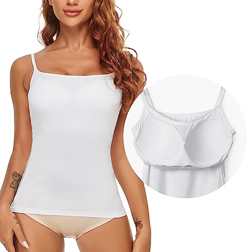 SLIMBELLE Sujetador para mujer, camiseta interior, tirantes finos, sin aros, básica, sin costuras, ajustable, con copas integradas, bustier, camisola, top con inserto bralette, Blanco, M