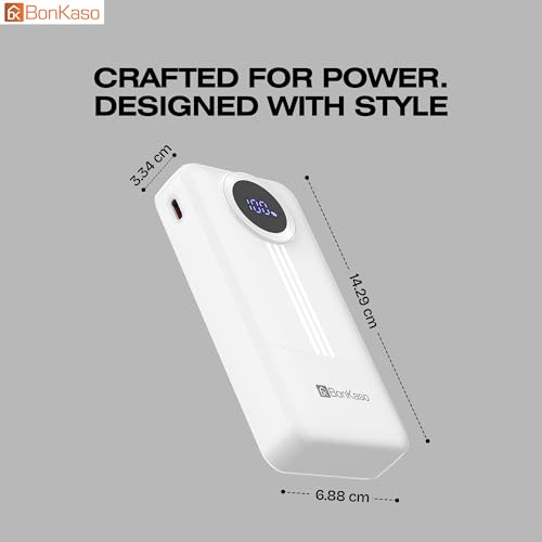 Image of BonKaso 20000mAh Power Bank 22.5W PD Fast Charging with Built-in Type-C Cable, USB-A & Type-C Output, Digital LED Display, Slim Portable Charger for iPhone, Android, Tablets - White