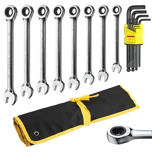 AMTOVL 8Pcs Ratcheting Combination Wrench Set & 9Pcs Allen Keys, Metric 8-19mm 12-Point, CR-V HRC50, Box End and Open End Wrench for Automotive Repair