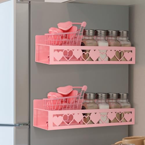 Beeveer 2 Pcs Magnetic Spice Rack for Refrigerator, Pink Heart