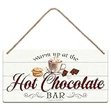 Warm Up At The Hot Chocolate Bar Christmas Wood Signs Wall Art Decor for Home Kitchen Coffee Bar Porch Yard Front Door 10'x5' Wooden Hanging Plaque Decorations
