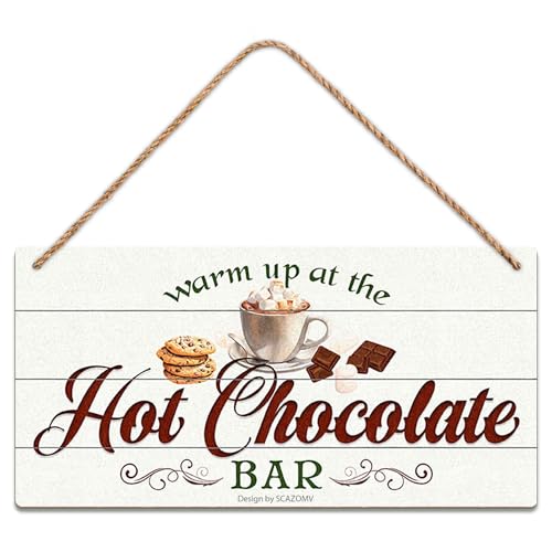 Warm Up At The Hot Chocolate Bar Christmas Wood Signs Wall Art Decor for Home Kitchen Coffee Bar Porch Yard Front Door 10x5 Wooden Hanging Plaque Decorations