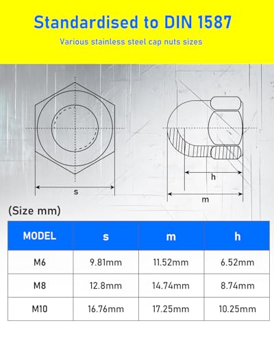 15 Stück Hutmuttern M10, Hutmuttern M10 Edelstahl, HOLMOL 304 Edelstahl Hutmuttern,DIN 1587 Hutmutter M10 Edelstahl A2 V2A, Hutmutter M10 Edelstahl für Schrauben, Gewindestangen & Gewindebolzen