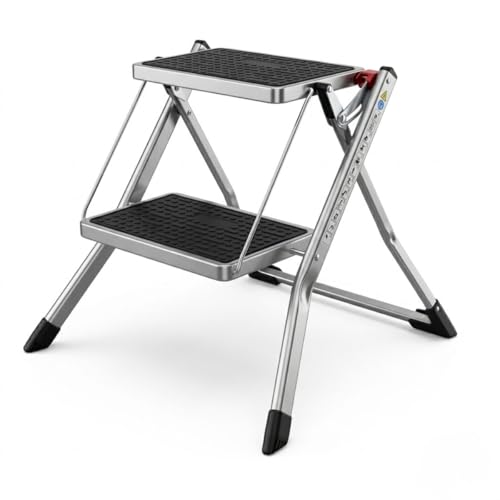 BTF Taburete Escalera Plegable de 2 Peldaños para Hogar y Cocina, Mini Escalera Portátil en Metal con Goma Antideslizante, Carga 150kg, Certificación GS TüV Rheinland