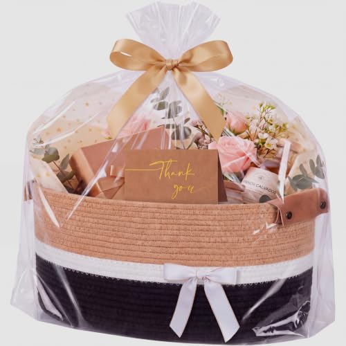Gift Basket with Bow, Woven Boo Basket Set Self Care Gifts, White, Basic