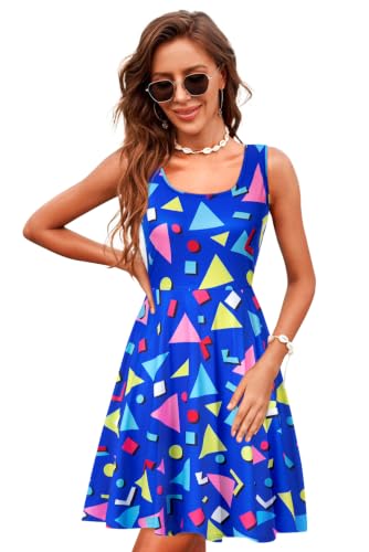 Image of uideazone Women Funny Print Sleeveless U Neck A Line Casual Midi Dress | Soft Stretchy Breathable Fabric Flared Swing Sundress Fitted Waist for Daily Wear 80 /90s Themed Party Beach Vacation Trips