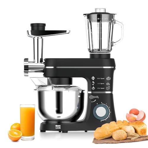 Robot de Cocina Multifuncion 5 en 1,Batidora Amasadora con Función Picadora de Carne y Batidora,10L Tazón de Acero Inoxidable,1,5L Jarra, 6 Funciones de Regulación y Pulse,Kit de Accesorios,Black