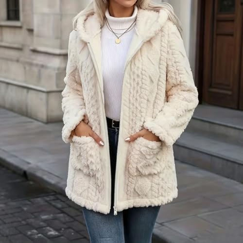 XOGWVJ Womens Fuzzy Hooded Coat Sherpa Fleece Jacket Zip Up Warm Longline Textured Casual Fall Winter Outerwear with Pockets Womens Jacket Beige S - image 2