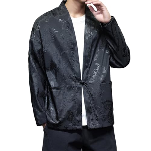 HZCX FASHION Mens Kimono Robe Chinese Traditional Hanfu Robe Dragon Jacquard Satin Shirt Open Front Soft Silky Cardigan(Black,Medium)