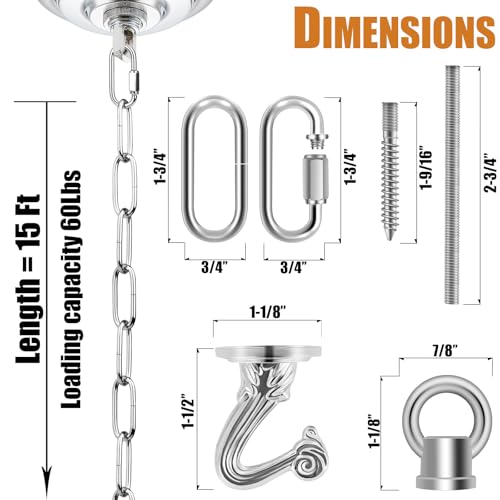 Image of 15 Ft Heavy Duty Hanging Chain Kit (Chrome) | with Connection Locks & Swag Ceiling Hooks for Lighting Fixture, Chandelier, Pendant, Lantern, Swag Lamp, Bird Feeder