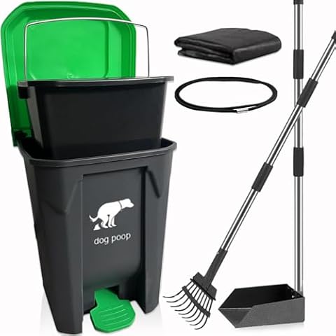 Yatmung Dog Poop Trash Can Outside - One-Stop Solution Pooper Scooper Set - 20L Dog Waste Trash Can Outdoor with Lid - Backyard, Yard - with Removable Inner Bin, Long Handle Metal Tray and Rake, Bags Cover