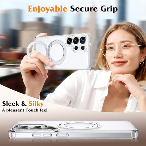 Image of DIZORO TPU Magnetic 360 Ring Stand Case Fit for Samsung Galaxy S25 Ultra Case, Compatible & Wireless Charging,Military Grade Drop Tested,Translucent Hard kick Back Cover (New White)