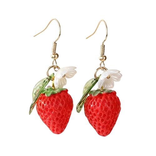 Cute Fruit Dangle Earrings Banana/Lemon/Strawberry/Avocado Fun Novelty Drop Earrings Set Cute Quirky Fruit-Themed Jewelry for Women Gift (Strawberry)