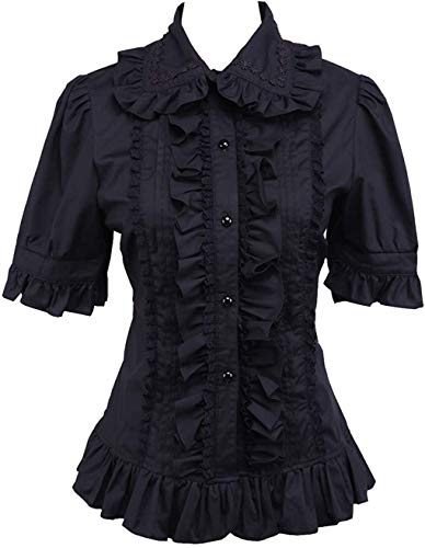 Antaina Black Cotton Lace Ruffle Retro Victorian Sweet Lolita Shirt Blouse,L