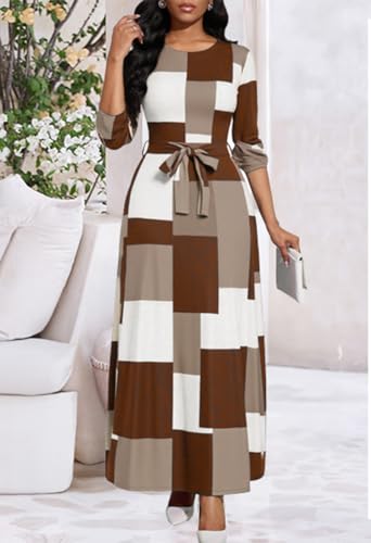 Image of BubFee Long Dress for Women Casual Long Sleeve Dresses Maxi Dress Empire Waist Loose with Belt