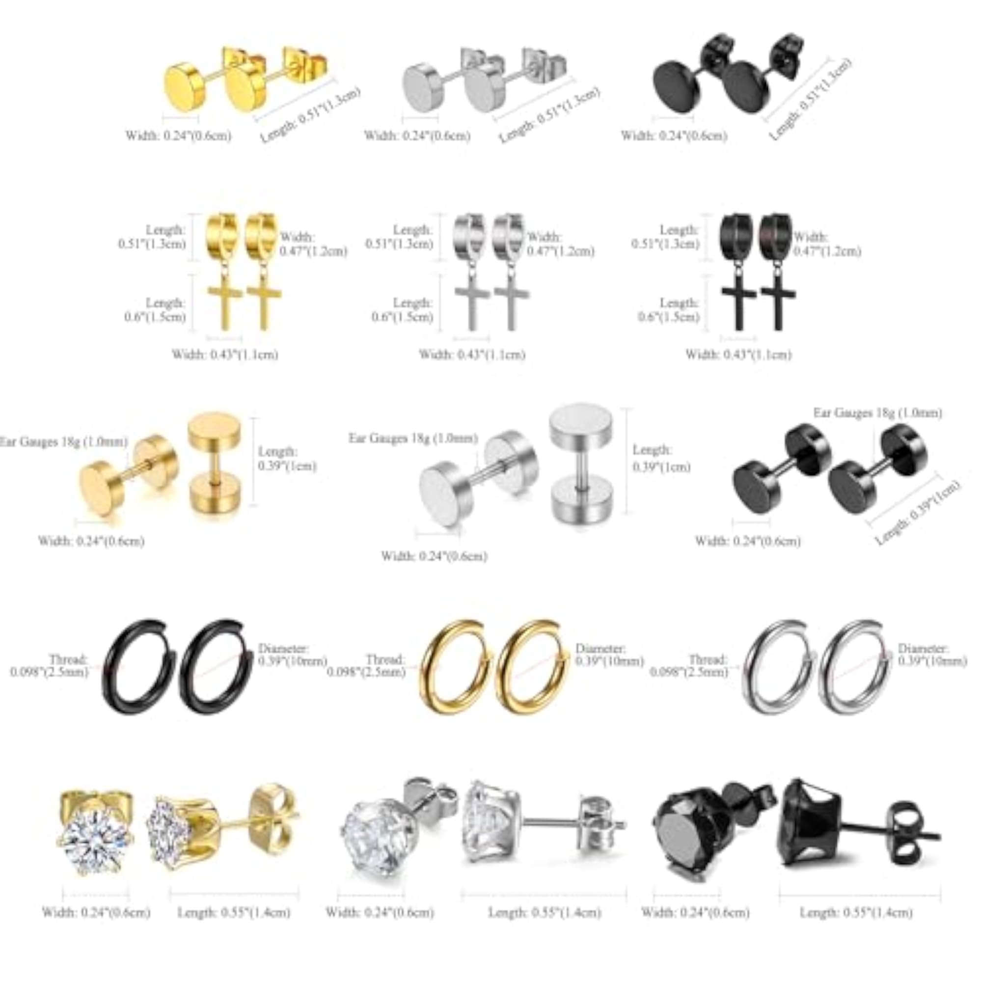 12 Pairs Men's Stainless Steel Earrings Set, Gift
