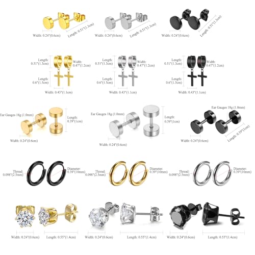 OIDEA 12/14/15/18 Pairs Earrings for Men: Stainless Steel Mens Earrings Stud Cross Dangle Hoop Earrings Set Jewelry Gift for Men Women3