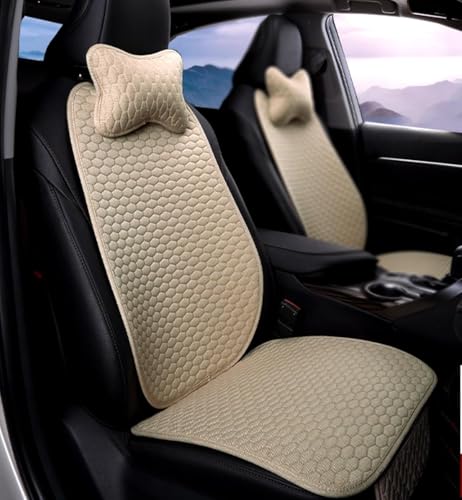 Litenyx 3 in 1 Car Seat Protector Cover Mat for Driver Seat with Neck Pillow Breathable Anti-Slip Car Protection Mat Cotton Linen Fits for Most Universal Removable Seat Protector Cover