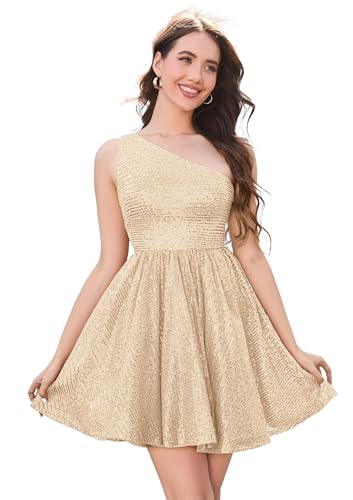MIQILADUNA Graduation Dress Sparkly Sequin One Shoulder Short Homecoming Dress for Teens Mini Cocktail Dress Champagne 10