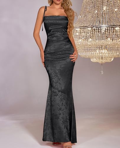 Image of GLNEGE Wedding Guest Maxi Prom Dress Lace Up Satin Formal Dresses for Women | Spaghetti Strap Cocktail Elegant Bridal Shower Wgute Dress Bodycon Mermaid Long Evening Black Tie Dresses for Women