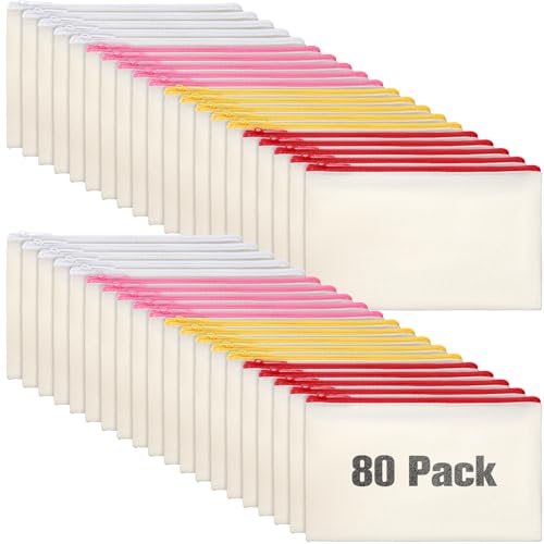 Image of Reginary 80 Pack Canvas Zipper Makeup Bags Bulk Pencil Pouches Blank DIY Craft Canvas Cosmetic Bag Pouch with Zipper for Makeup Cosmetic Toiletry Stationary Storage (Natural with 4 Colorful Zippers)