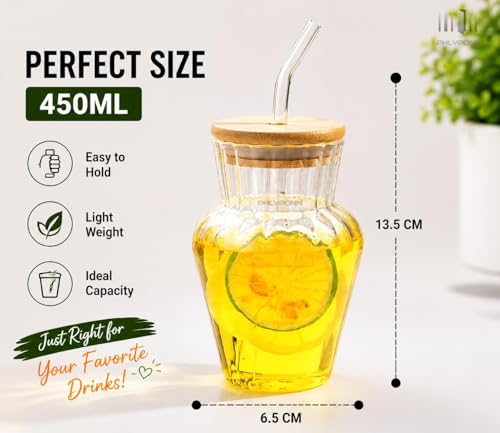 Image of COOLBIT 450ml Premium Clear Glass Tumbler with Bamboo Lid & Glass Straw, Reusable Juice Cup for Water, Smoothies, Iced Coffee - Durable & Eco-Friendly Design