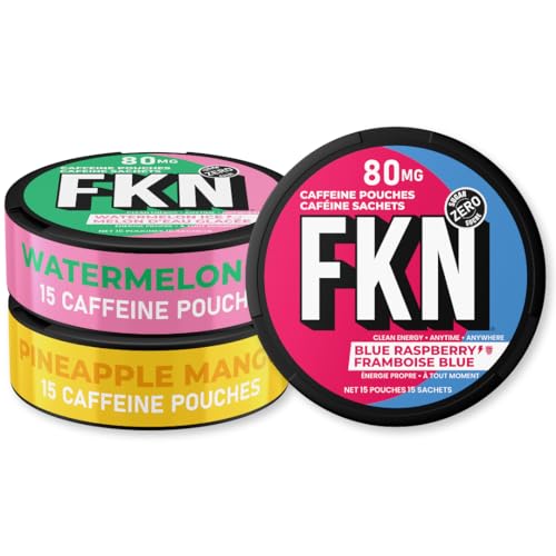 FKN Caffeine Pouches – Variety Pack (3 Cans) – Blue Raspberry, Watermelon Ice, Pineapple Mango, | 80MG Natural Caffeine Per Pouch | 15 Pouches Per Can | Tobacco, Nicotine & Sugar Free Energy Boost