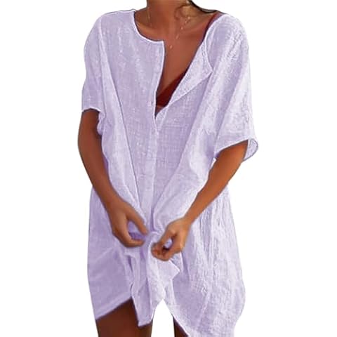 Svanco Robe de Plage Femme Plage Chemise col Rond Bikini Casual Cache-Maillots Sarongs Bikini Cover Up Chemise Cardigan Haut Robe Cover