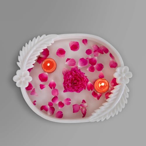 Image of Marble Urli Bowl for Decoration | Big Potpourri Decorative Bowls in Home decor | Large White Floating Flower Plates of Stone | Small Shape puja Item | (12 inch, Leafy Bowl)
