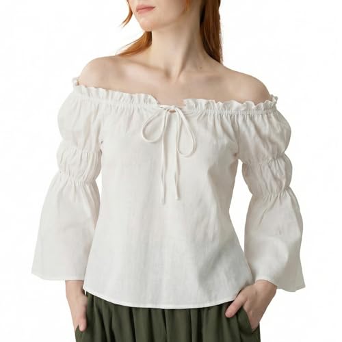 YESSA Renaissance Shirt Women Off Shoulder Bell Sleeve Ruffle Casual Loose Peasant Blouse Tops White