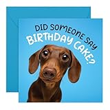 Tarjeta de cumpleaños de perro salchicha – '¿Did Someone Say Cake?' – Lindos saludos de perro para ella, él, vecino, amigos, hermana, hermano, mamá, papá, amantes de los perros – Viene con divertidas
