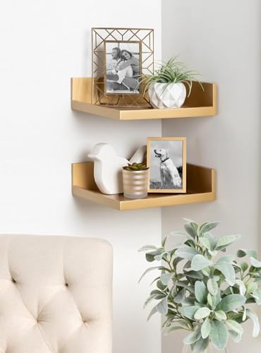 Image of ONIJA Floating Corner Wooden Wall Shelf Set Two Different Different Color Shelf | for Bedroom | Living Room | Hall | Office | Kitchen | Bathroom Shelves (Natural)
