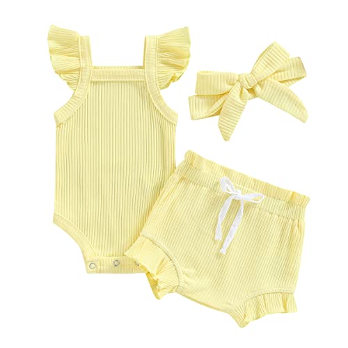 Baby Girl Shorts Outfits Summer Fly Sleeve Cami Bodysuit Top Ruffle Shorts Headband Cute Infant Clothes (Yellow,0-3 Months)