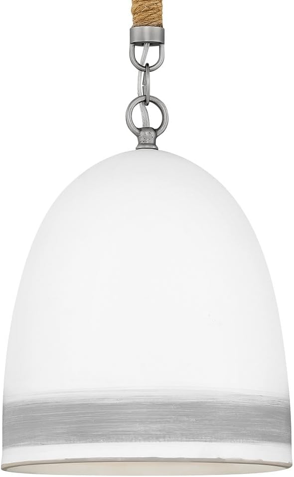 Hinkley Nash 3364AN-GR Small Pendant Light, Bell-Shaped Shade, Hand-Painted Stripe, Jute Rope Accent, Off-White Ceramic w/Grey Stripe and Antique Nickel