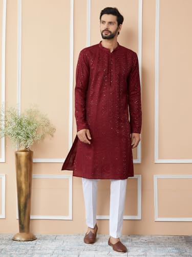 Image of See Designs Men's Long Sleeve Mandarin Collar Side Slit Embroidered Thread Work Sequinned Chanderi Silk Straight Kurta with Pyjama