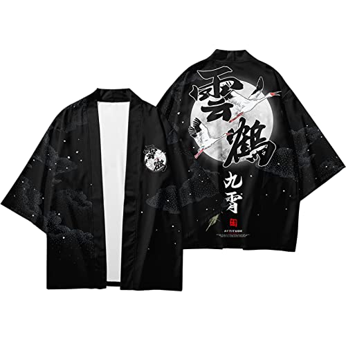 Image of DOSLAVIDA Men's Japanese Kimono Cardigan Suit Chinese Style Printed Jacket Pants Set Open Front Seven Sleeve Top & Shorts