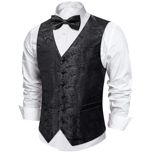 Image of DiBanGu Mens Paisley Suit Waistcoat,Silk Dress Vest and Bowtie Pocket Square Cufflinks with Lapel Pin Set for Wedding Tuxedo