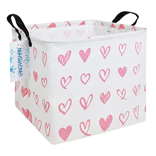 LANGYASHAN Square Storage Baskets Waterproof Canvas Children Laundry Nursery Hamper for Shelves Gift Baskets Toy Organizer Room Decor (Square Pink Heart)
