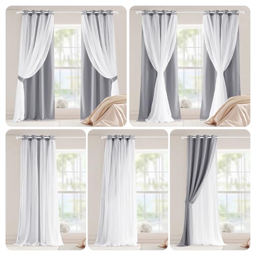 Image of PONY DANCE Blackout Curtains with Sheer Overlay, 2 Pcs with Tiebacks, 34X84 | Thermal Insulated Mix & Match Double Layer Room Darkening Curtains for Bedroom,Living Room,Silver Grey
