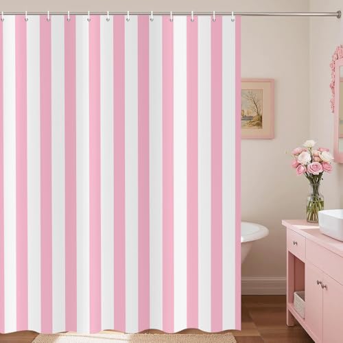 Rideau de douche rayures verticales rose et blanc style moderne minimaliste
