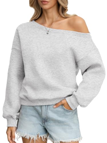 EasyGala Womens Fleece Trendy Sweatshirts Oversized Off The Shoulder Pullover Going Out Tops Casual Slouchy Long Sleeve Shirts Comfy Fall Winter Outfits 2026 Fashion Clothes Gray Medium