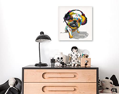 Pug Dog Canvas Wall Art: Handpainted Dog Wall Art Funny Dog Pug Listening Music With Headphones Print For Bedroom Wall Decor Framed Easy To Hang (24"X24"X1 Panel) #TOP4
