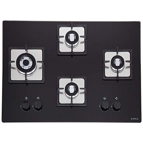 Elica Hob 4 Burner Auto Ignition Glass Top - 1 Brass Mini Triple Ring and 3 Brass Double Ring Brass Burner (BRASS 4 B 70 NCI F)
