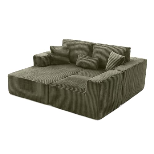 Image of L Shaped Modular Boneless Sectional Couches for Living Room, Wide Armrest, Deep Seat, Memory Foam, Assembly Free, Modern Comfy Corduroy Fluffy Cloud Sofa with Left Chaise, Green