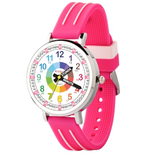 KIDDUS Lern Armbanduhr für Kinder, Jungen und Mädchen. Analoge Armbanduhr mit Zeitlernübungen, japanischen Quarzwerk, gut lesbar, um ganz leicht zu Lernen, die Uhr zu lesen. KI10306 Griffe