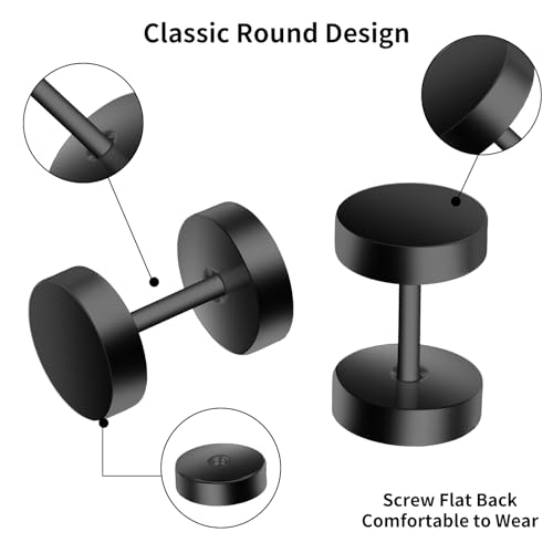 6 Pairs Black Stud Earrings for Men Women Faux Gauges Earring Fake Earrings Stainless Steel Stud Earring, 4-10mm4
