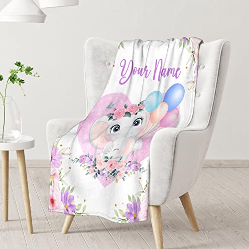 Personalized Elephant Blanket Gifts with Name - 60"x80" Cute Throw for Women Girls - Purple Soft Fuzzy Blankets for Bed, Couch & Living Room