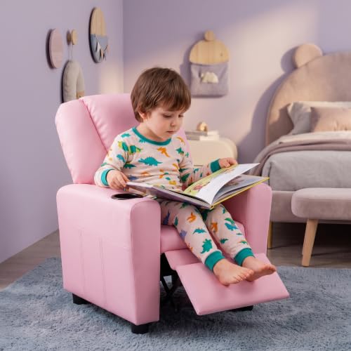 Image of 23 inch W PU Leather Recliner Chair with Cup Holder and Recline, Pink | Mini Recliner Chair Comfort with Adjustable Footrest & Backrest, Youth Boys Girls Recliner for Reading, Gaming, TV, Lounging