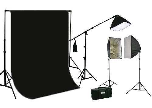 ePhotoInc 3200 Watt Softbox Photo Video Studio Portrait 3200K Warm Lighting & Black Muslin Backdrop Support Stand Set H604SB2-1012B 3200K