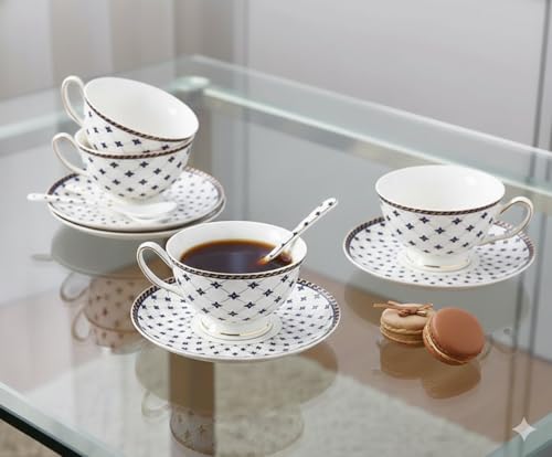 Image of Tableware Bone China White Black Cups and Saucer with Golden Rim, 180 ml Tea Cup Set of 6 Cup and Saucer Set for Tea Milk & Coffee Chai, Tea Cup Set Lattee Coffee Mug
